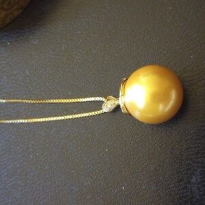 PEARL: GOLDEN SOUTH SEA - 16 mm  SEA SHELL PEARL NECKLACE - GOLD-1.5mm BOX CHAIN